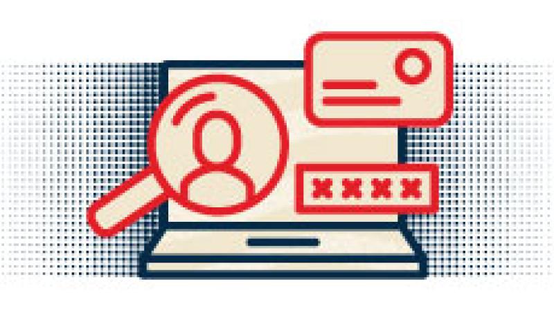 Icon illustration of open laptop with magnifying glass focusing on person, password, and credit card information