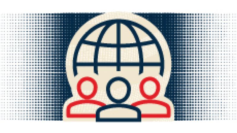 Halftone dot icon illustration of group of people in front of globe shape