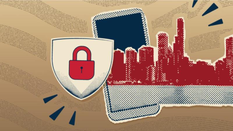 Collage illustration of shield, city, and phone