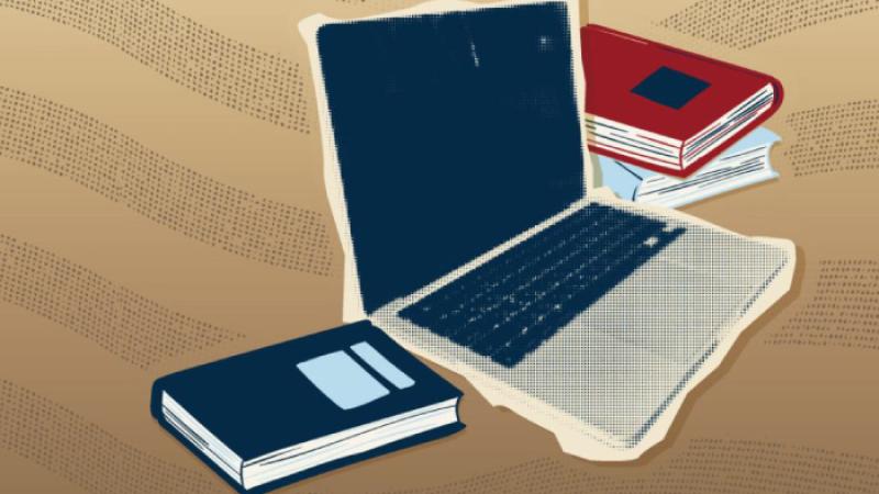 Collage illustration of computer and books