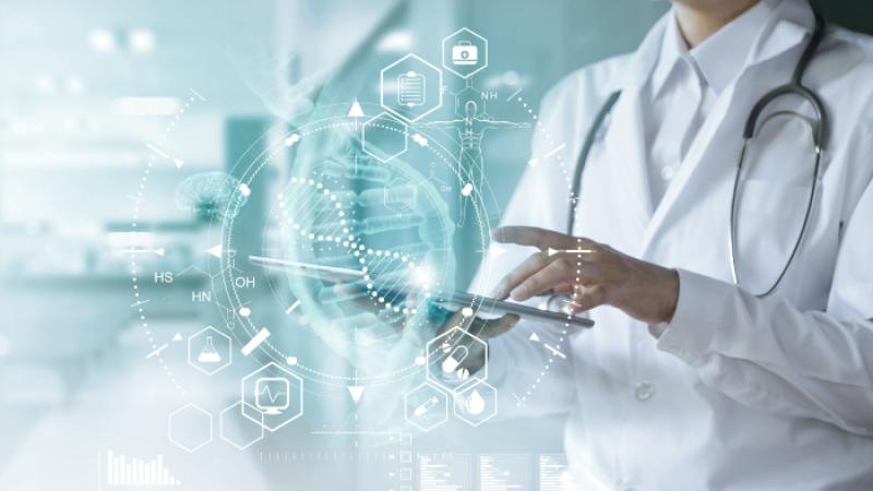 Photo collage of doctor using a tablet