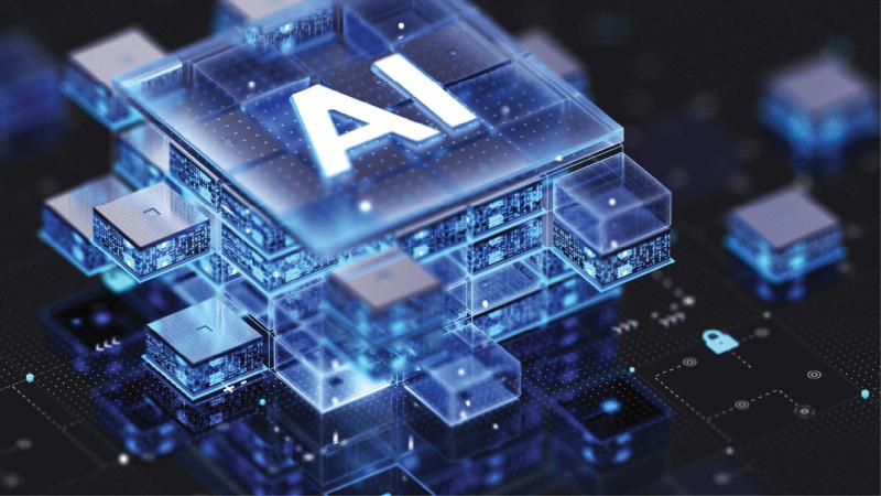 futuristic computer chip with AI written on it