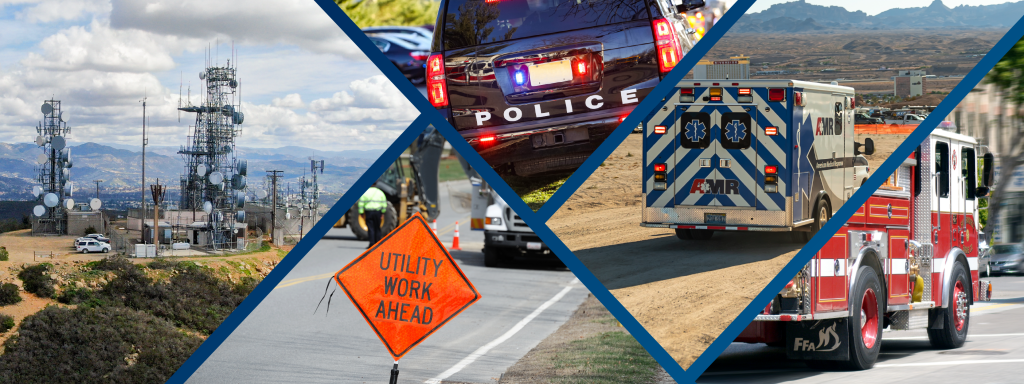 Collage of communications towers, police cruiser, ambulance, fire truck, and utility workers ahead sign.