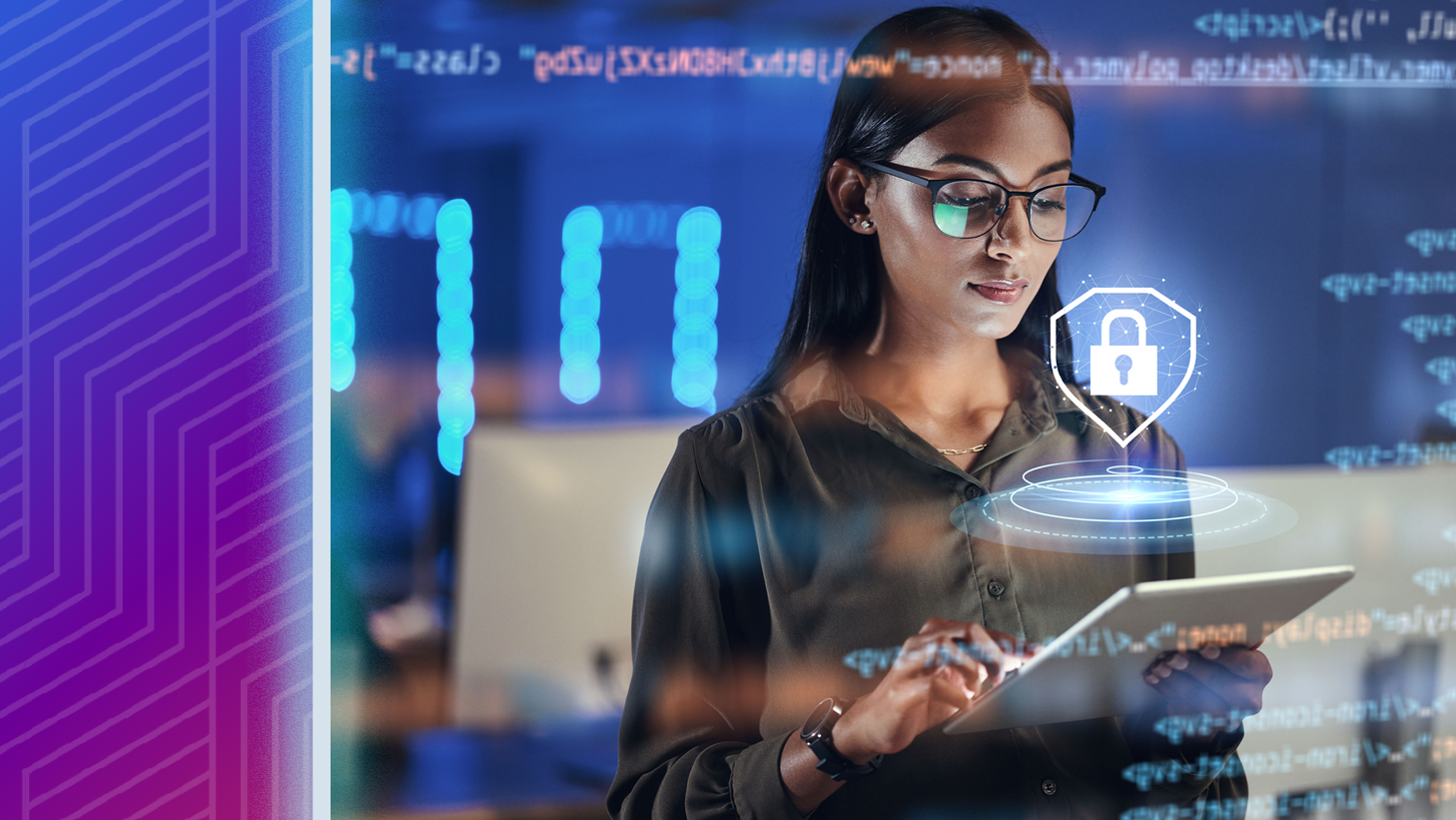 Women on tablet with a lock icon floating above the device