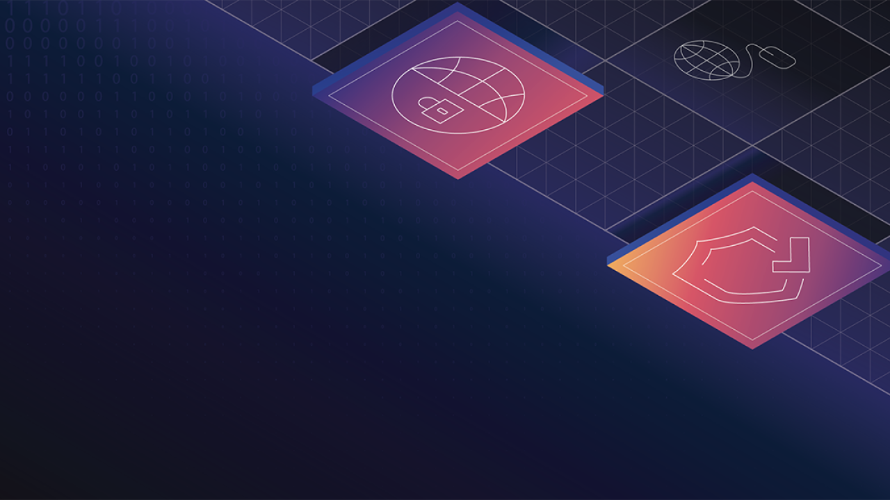 Cybersecurity icons in an isometric plane layout with dark grid background