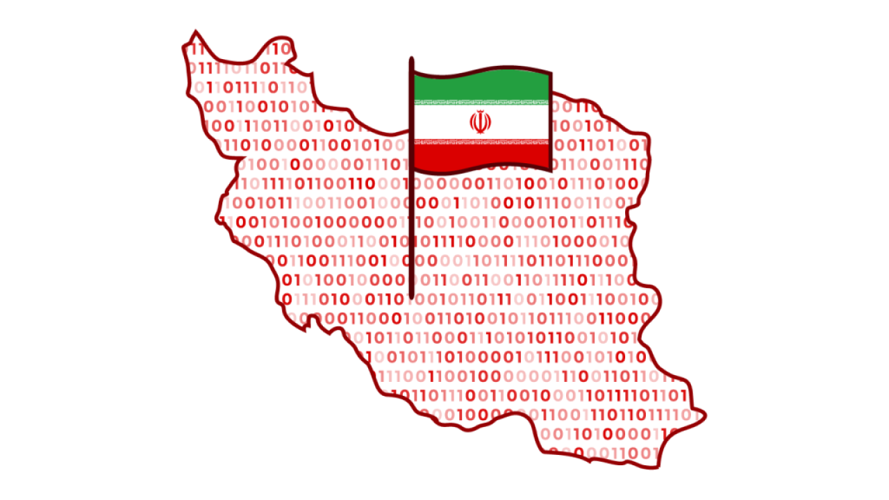 Outline of the country of Iran with flag and binary number background.