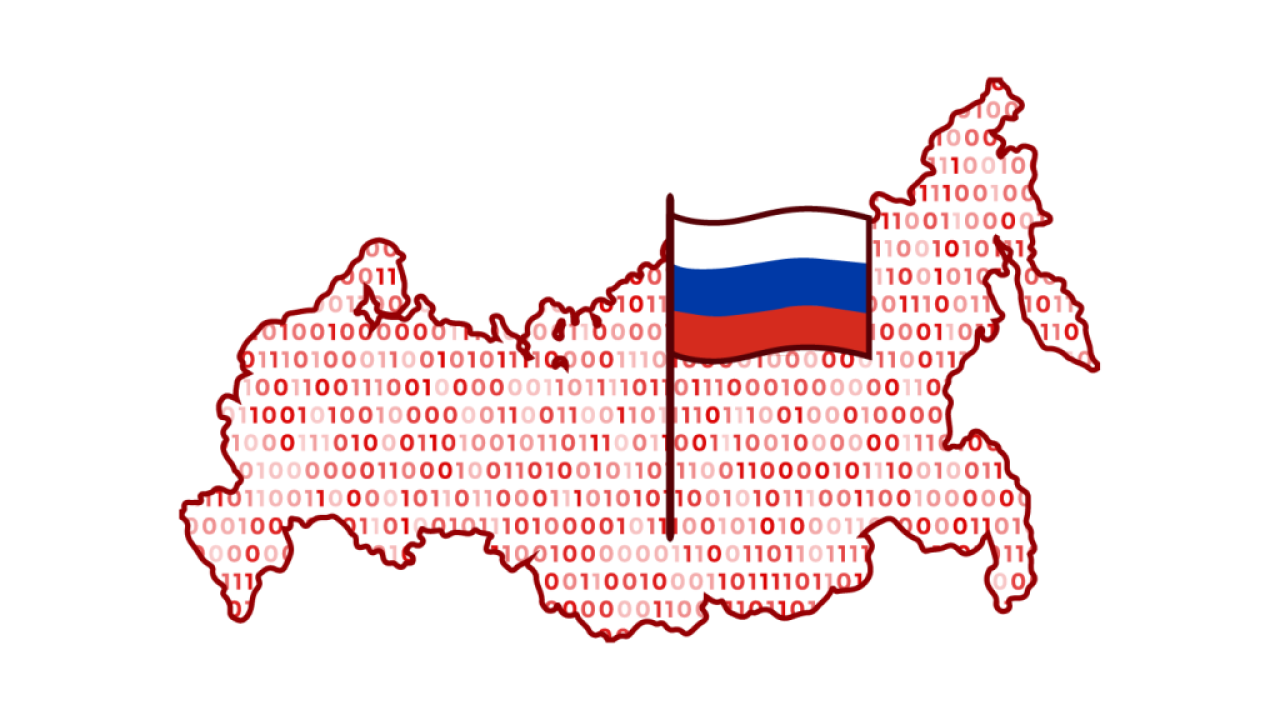 Outline of the country of Russia with flag and binary number background