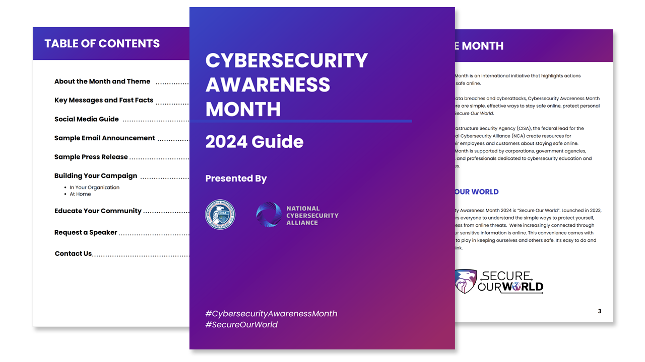 three resource sheets from the Cybersecurity Awareness Month toolkit