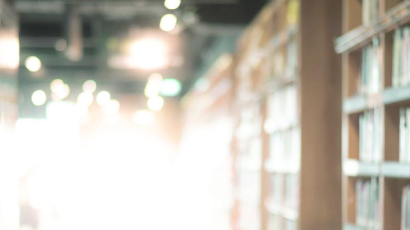 A bright photograph of a library at a school