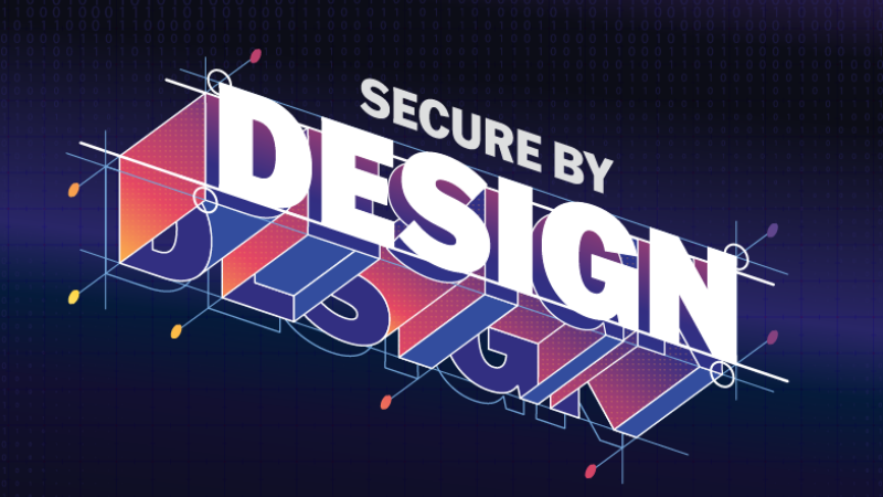 Text of Secure by Design on grid background in a colorful isometric design