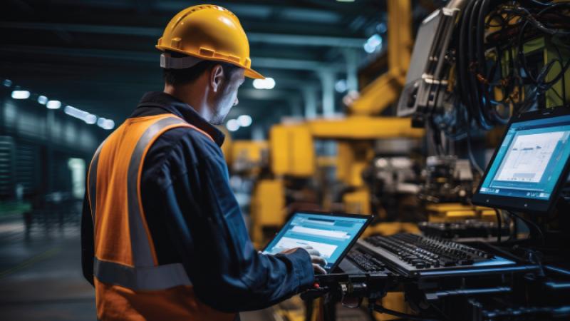 man with laptop at factory