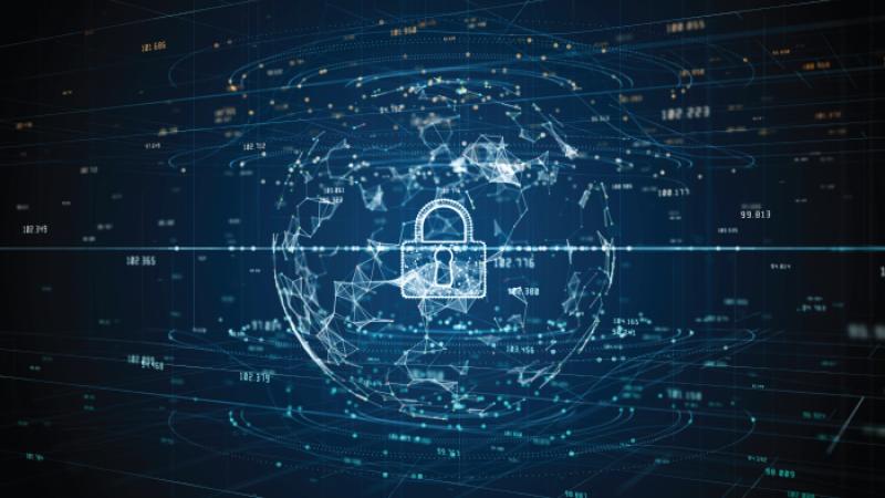 Image of network lines ands dots in a sphere pattern with lock in center