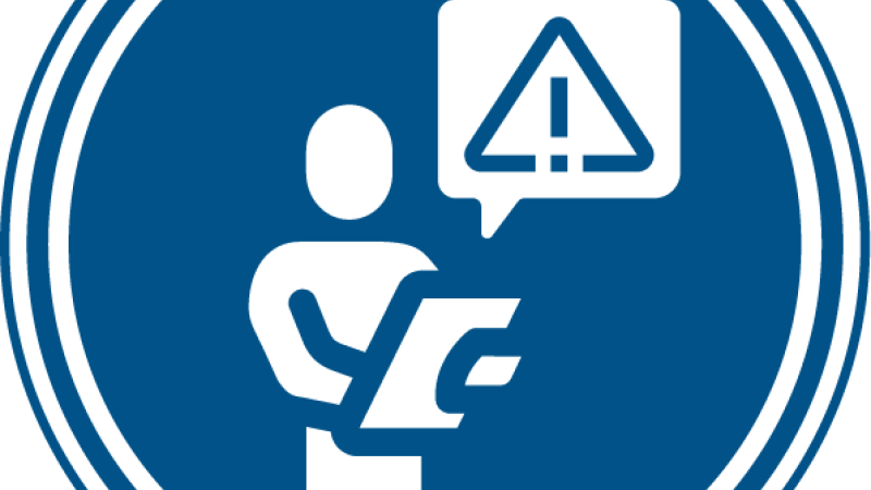 Icon of a man reading a clipboard and a speech bubble with a warning sign