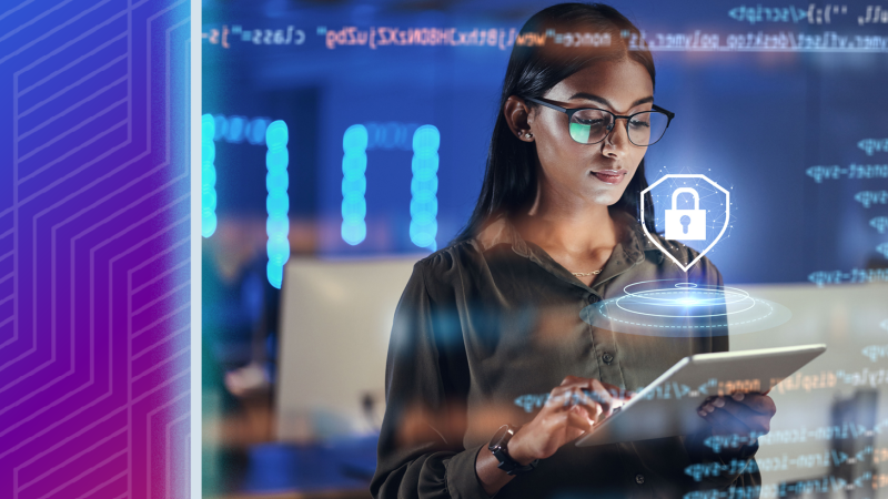 Women on tablet with a lock icon floating above the device