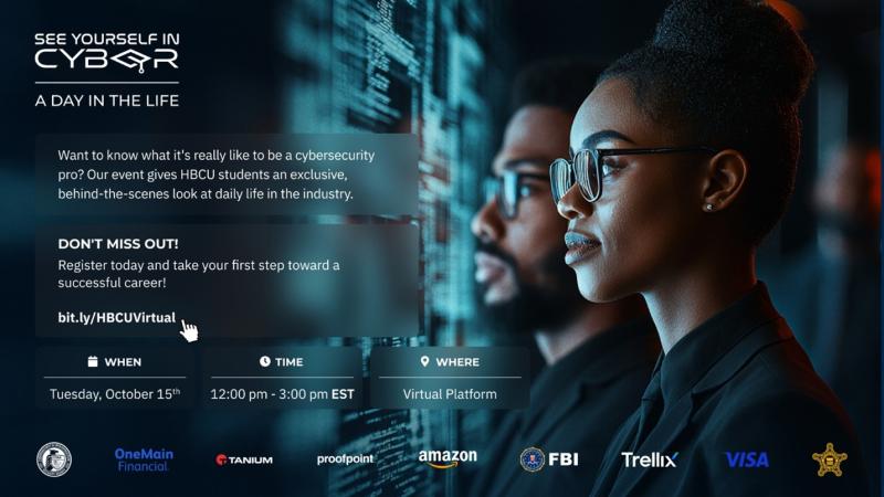 See Yourself in Cyber: A Day in the Life event promotion featuring black cybersecurity professionals in dark room and various logos, including CISA, FBI, Visa, and Secret Service.