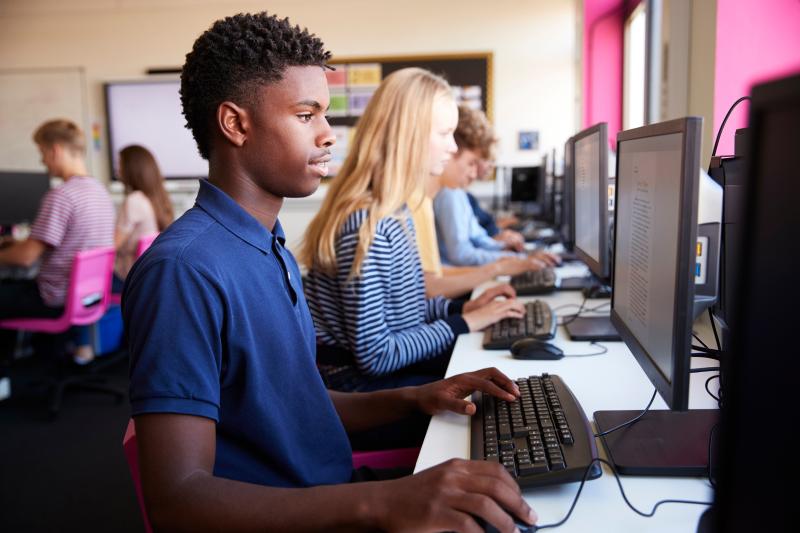 Teenager boy and classmates in high school computer class