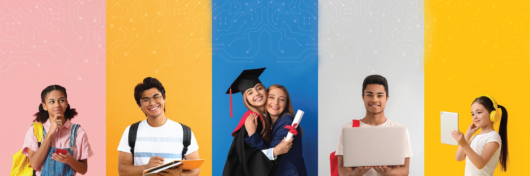 Collage of students varying in age from kindergarten to high school holding school gear and tech gadgets