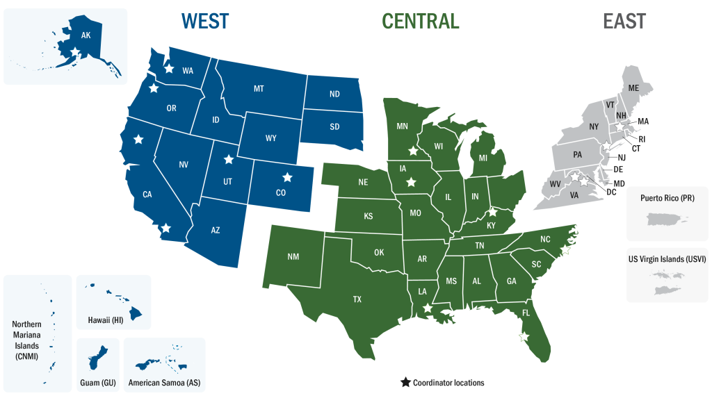 Map of the United States broken up into west, central, and east regions.