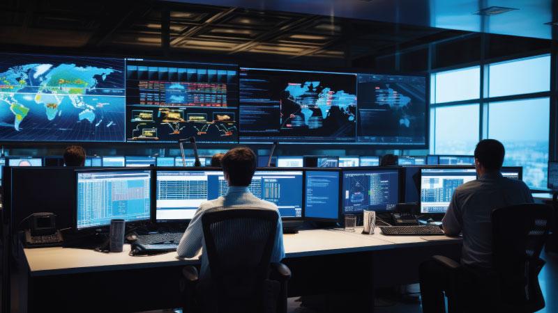 Employees sitting in front of several computer and tv monitors in an operations center