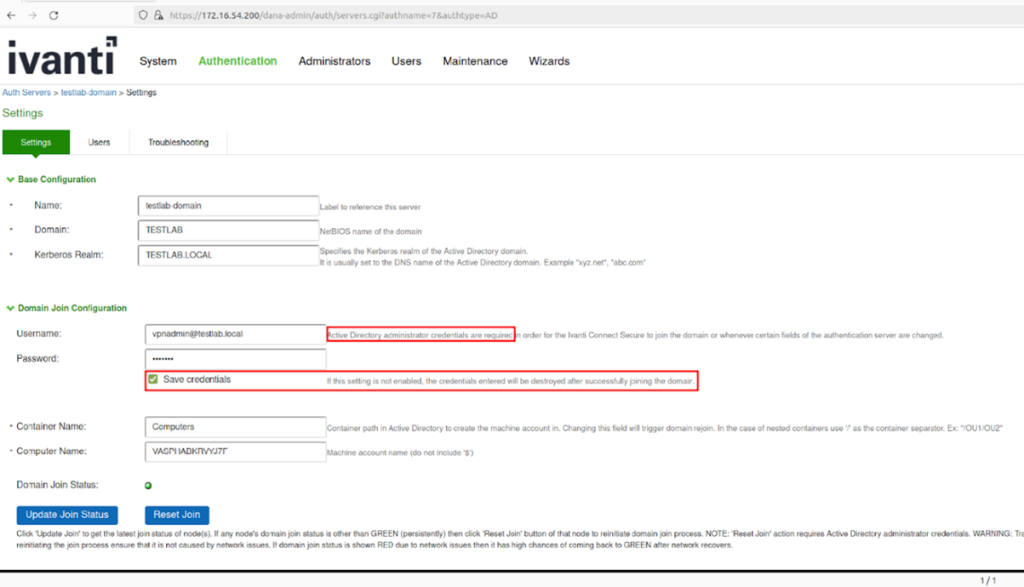 Figure 1: Ivanti Domain Join Configuration with “Save Credentials”