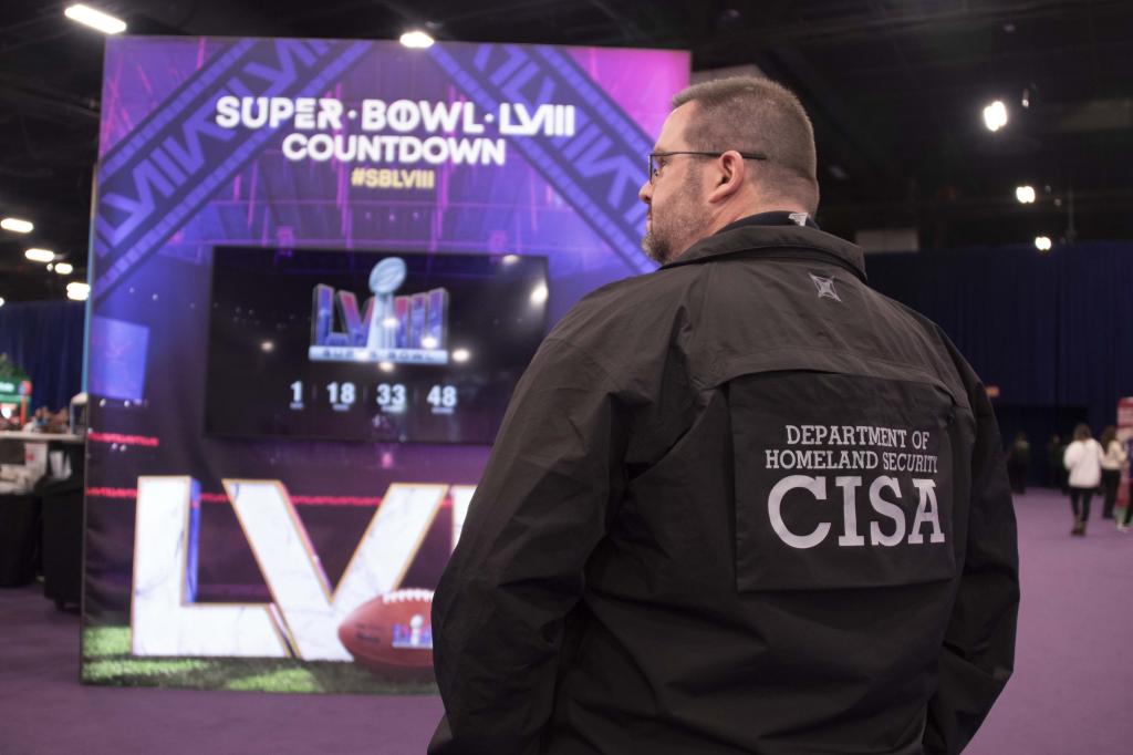 CISA Region 9 Protective Security Advisor Matthew Crymble keeps a watchful eye at the Super Bowl Experience fan event at the Mandalay Bay Convention Center in Las Vegas.