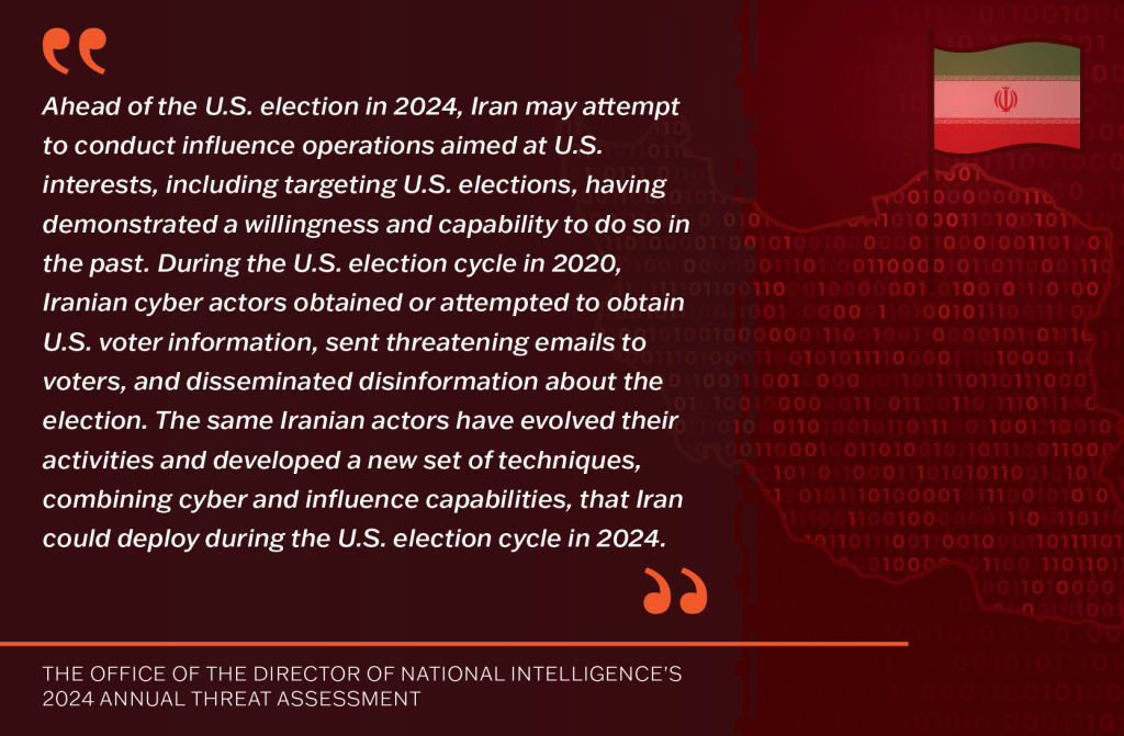Ahead of the U.S. election in 2024, Iran may attempt to conduct influence operations aimed at U.S. interests, including targeting U.S. elections, having demonstrated a willingness and capability to do so in the past. During the U.S. election cycle in 2020, Iranian cyber actors obtained or attempted to obtain U.S. voter information, sent threatening emails to voters, and disseminated disinformation about the election. 