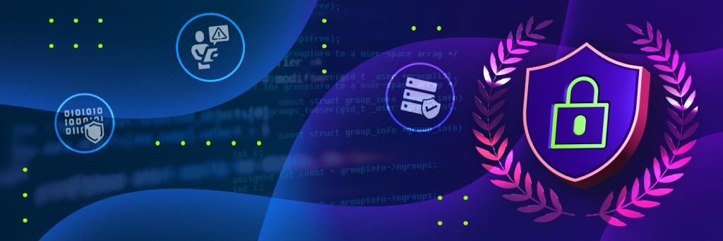Abstract cyber image featuring a lock icon and shield surrounded by laurels with other cybersecurity icons in the background