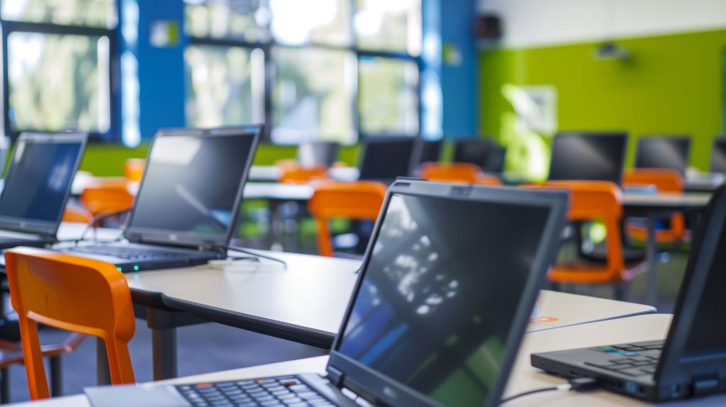 A classroom filled with laptops and empty desks